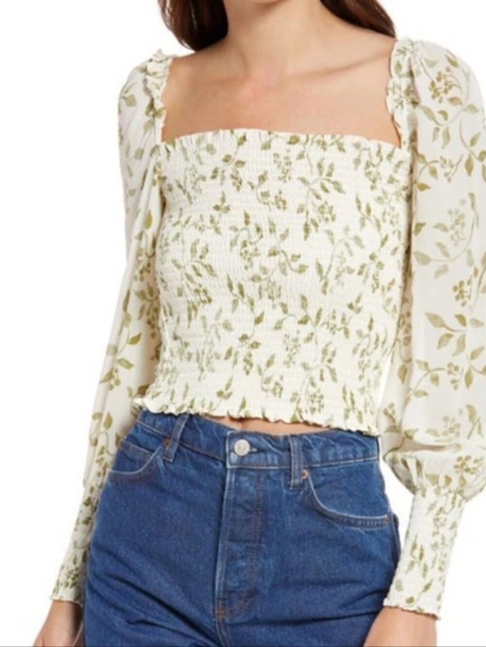 Reformation Pinto Smocked Top cypress print, ivory and green